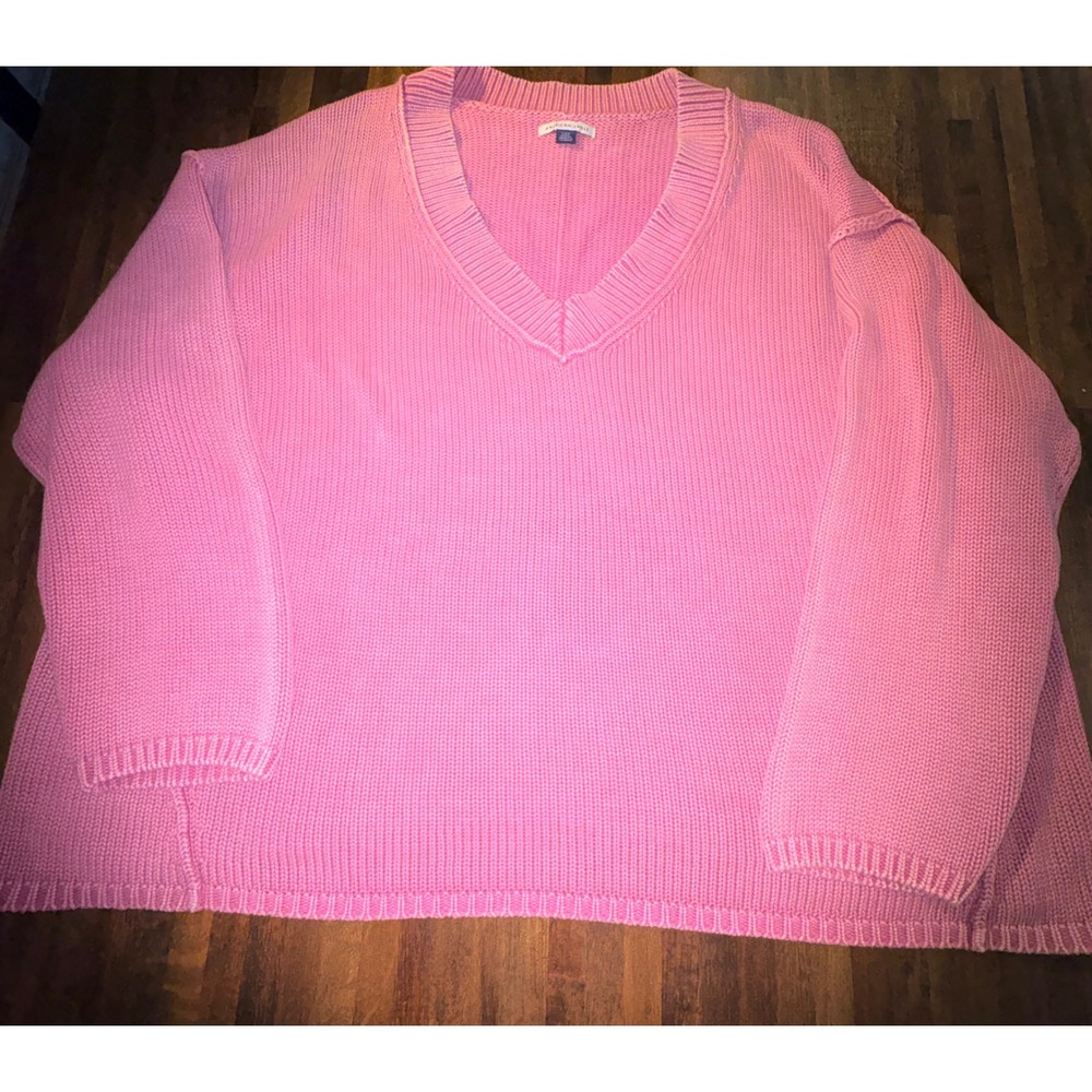 American Eagle Pink Shaker Stitch V-Neck Oversized Knit Sweater Womens Large